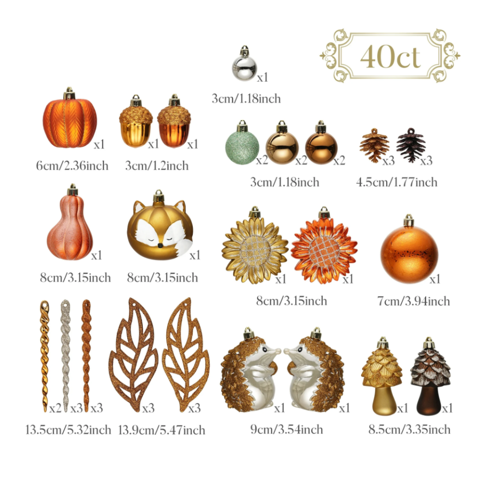 Fall Harvest Christmas Tree Ornaments Set, 40-Piece Autumn Woodland Ornaments