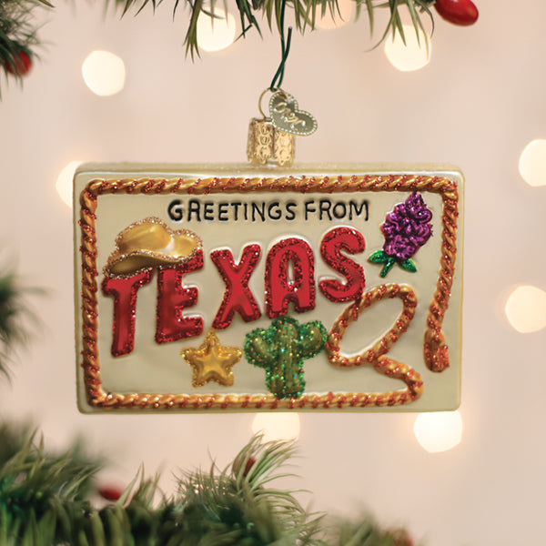 Texas Postcard Christmas Ornament | Old World Christmas Glass Texas Postcard Lone Star State Bluebonnets Longhorns Rio Grande Texas Gift Keepsake Holiday Gift