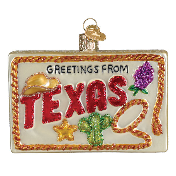 Texas Postcard Christmas Ornament | Old World Christmas Glass Texas Postcard Lone Star State Bluebonnets Longhorns Rio Grande Texas Gift Keepsake Holiday Gift