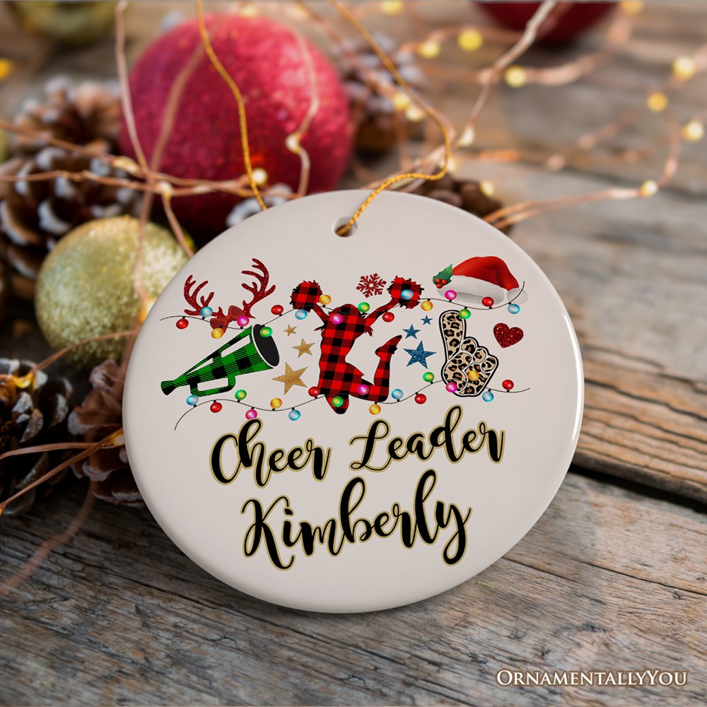Personalized Cheer Buffalo Plaid Leopard Merry Christmas Ornament, Cheer Team or Coach Gift