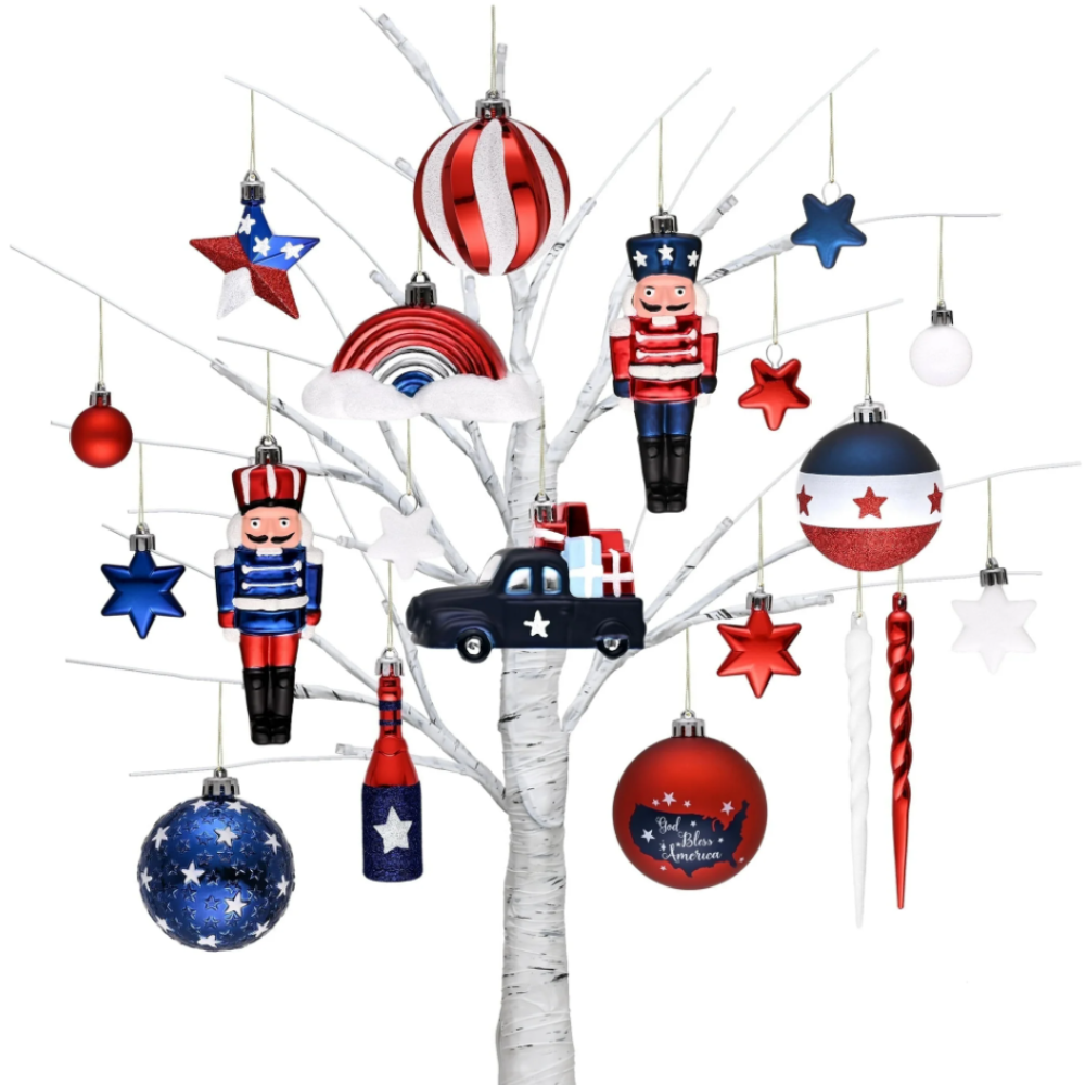 USA Flag Inspired Patriotic Ornament Set, 70pc Red White Blue Baubles