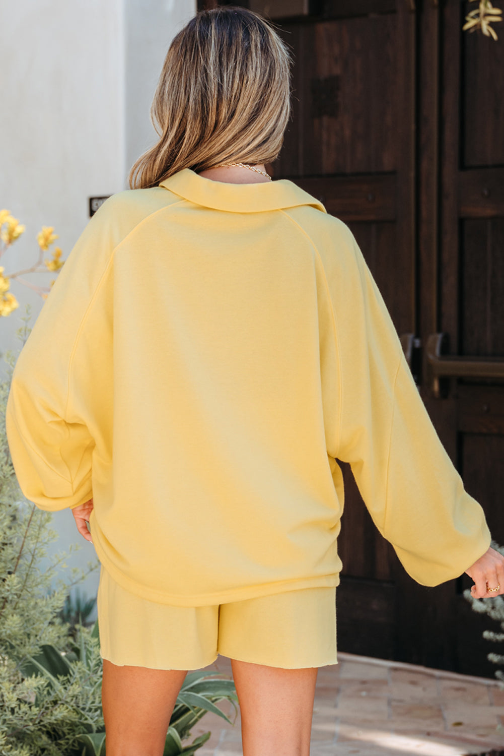 Kylie Button Collar Drop Shoulder Pullover and Shorts 2pcs Outfit