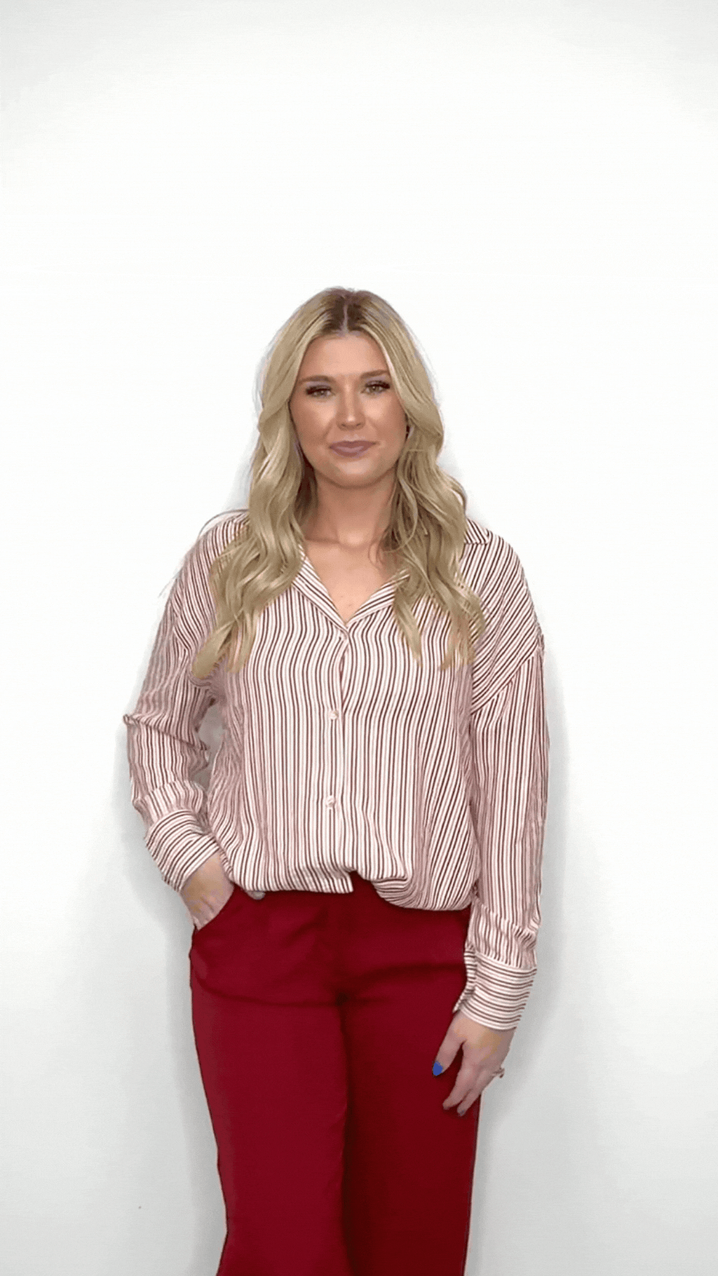 Kathryn Classic Button-Up Shirt, Red Stripes | Grace+Emma