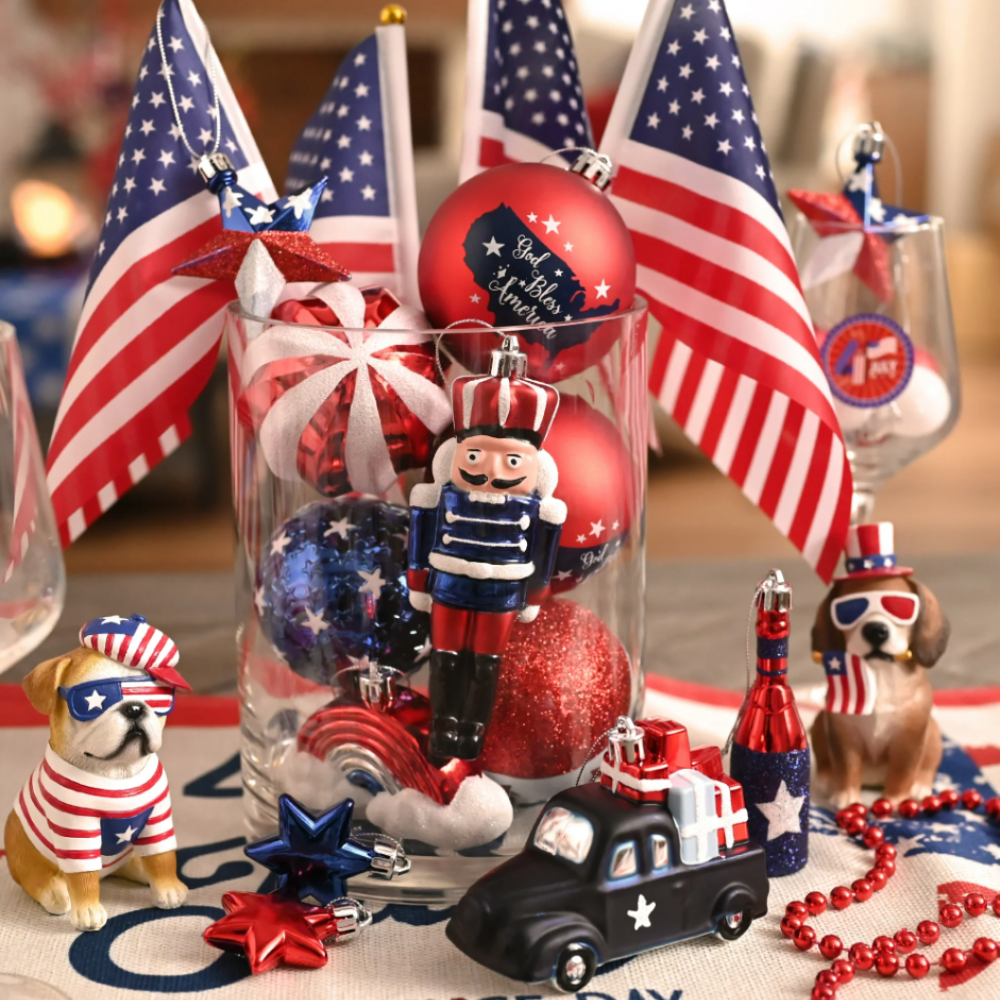 USA Flag Inspired Patriotic Ornament Set, 70pc Red White Blue Baubles