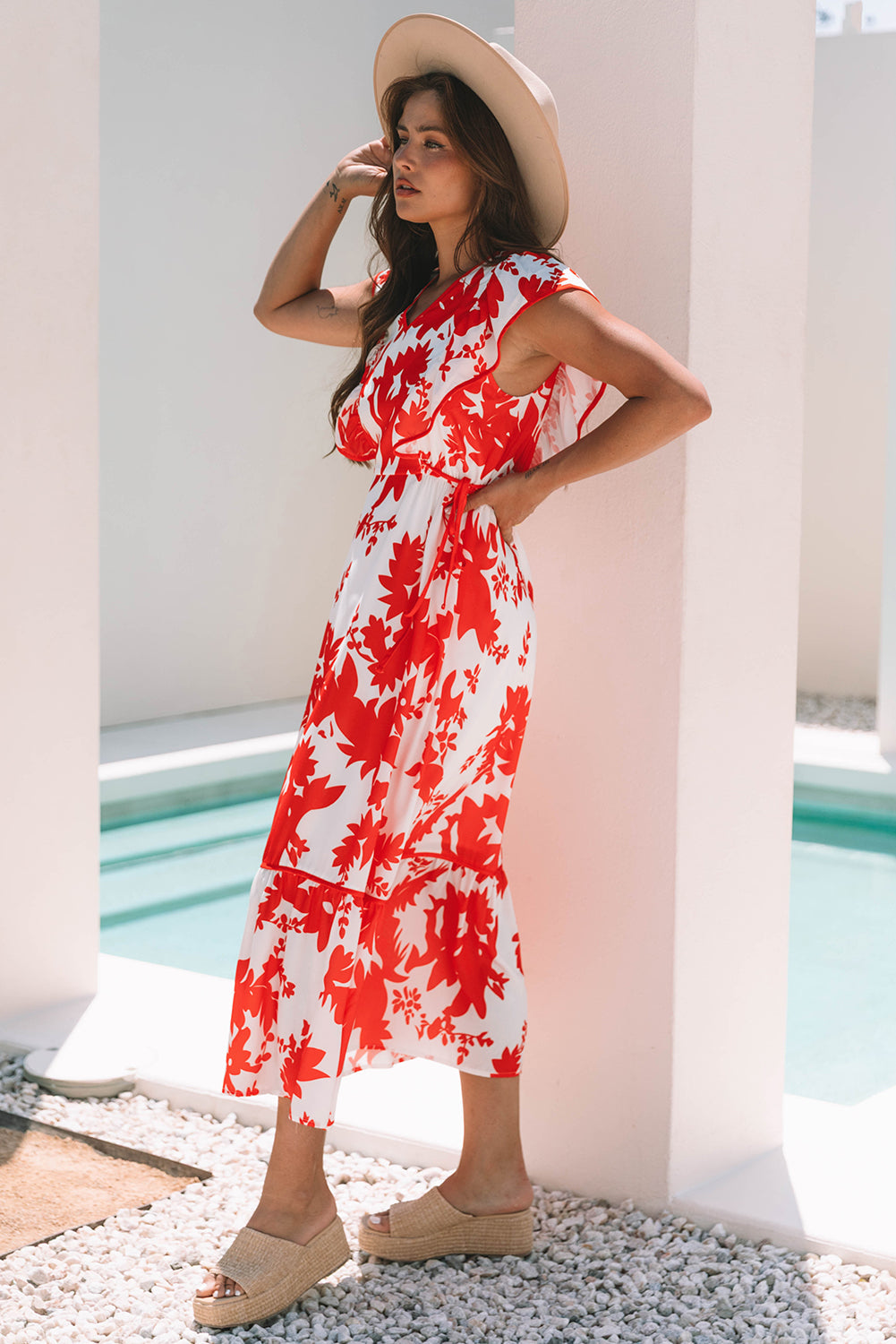 Scarlett Floral Trimmed V Neck Ruffle Sleeve Long Dress
