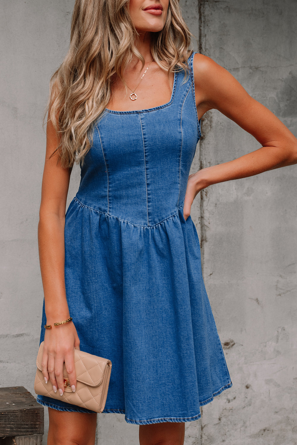 Emily Square Neck Bowknot A-line Denim Dress