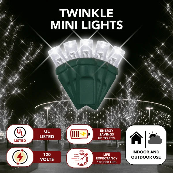 LED Mini Lights 5MM Cool White Twinkle Green Wire  6" Spacing