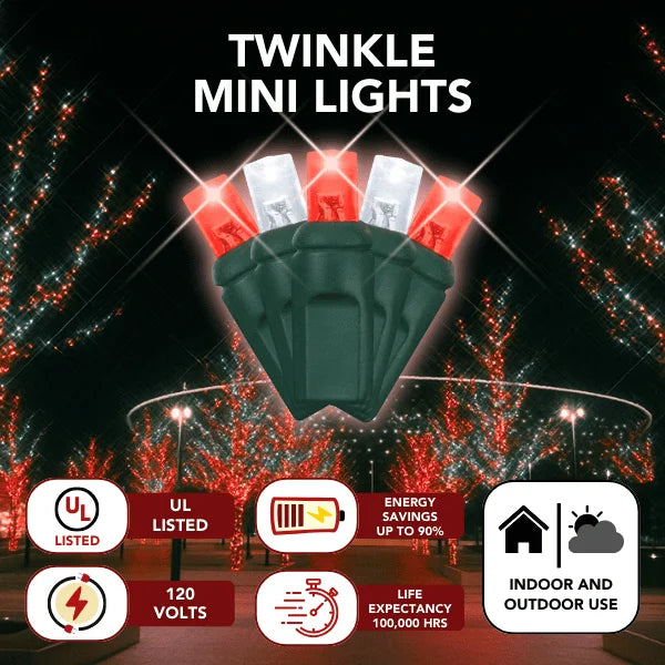 LED Mini Lights 5MM Red/Cool White Twinkle Green Wire - 6" Spacing