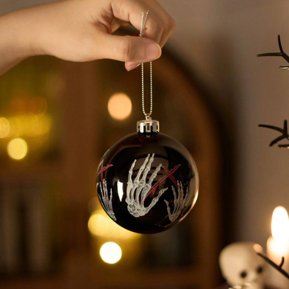 Black Gothic 16-Piece Baubles with Skulls, Skeleton Hands, Horror Prints & Striped Designs