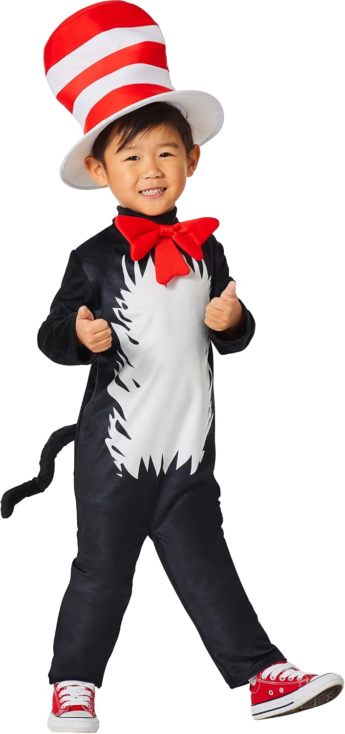 Dr. Seuss Toddler Cat in the Hat Costume | Officially Licensed Fuzzy Jumpsuit with Hat & Tail