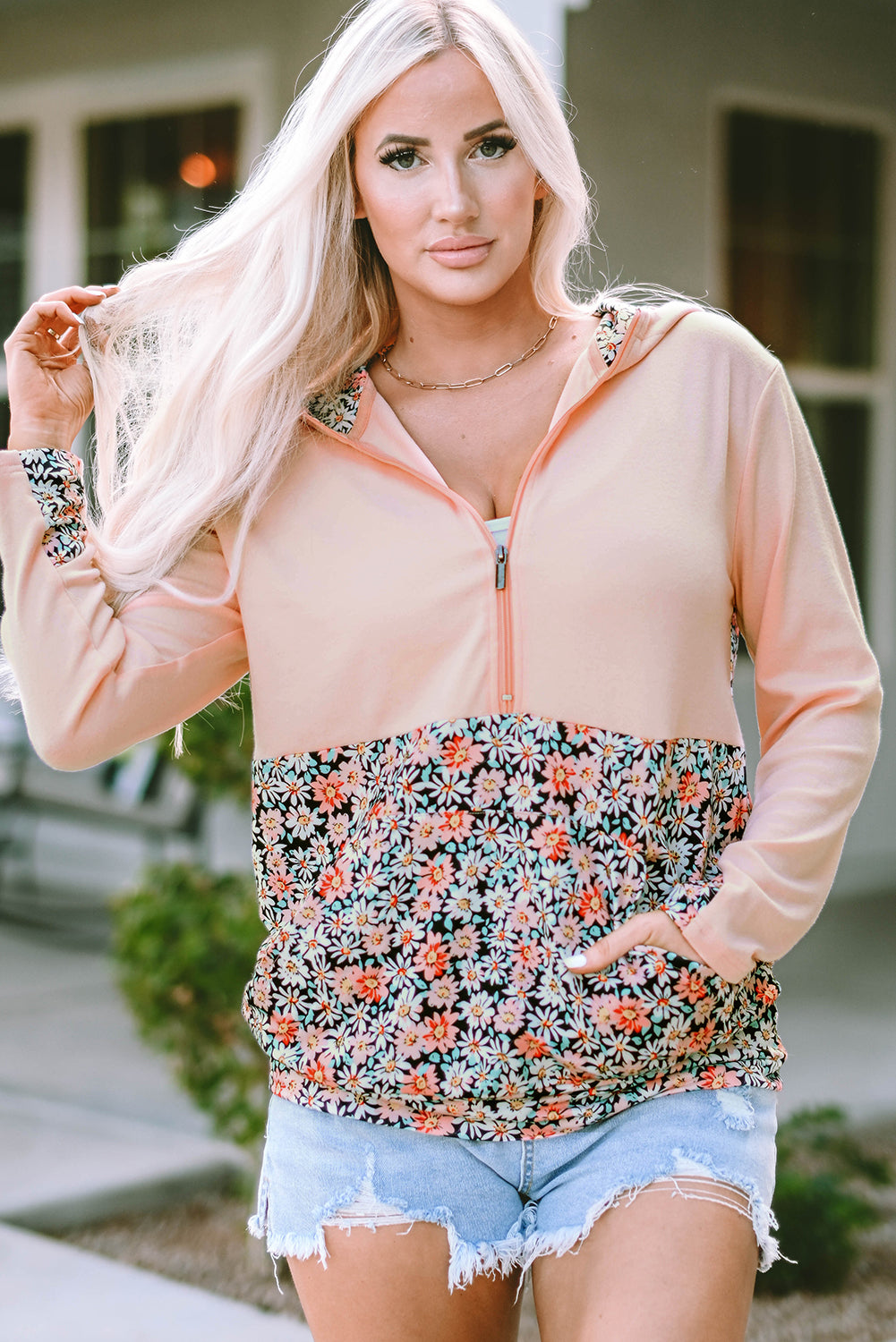 Gemma Floral Half Zip Kangaroo Pocket Hoodie