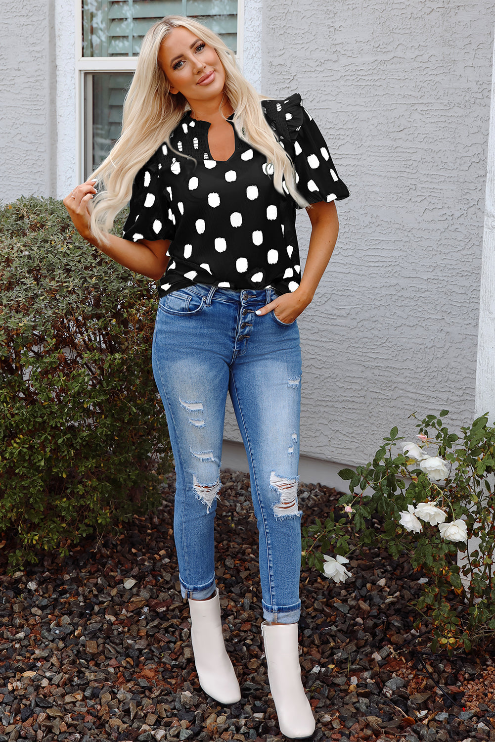 Nola Notched Balloon Sleeve Blouse