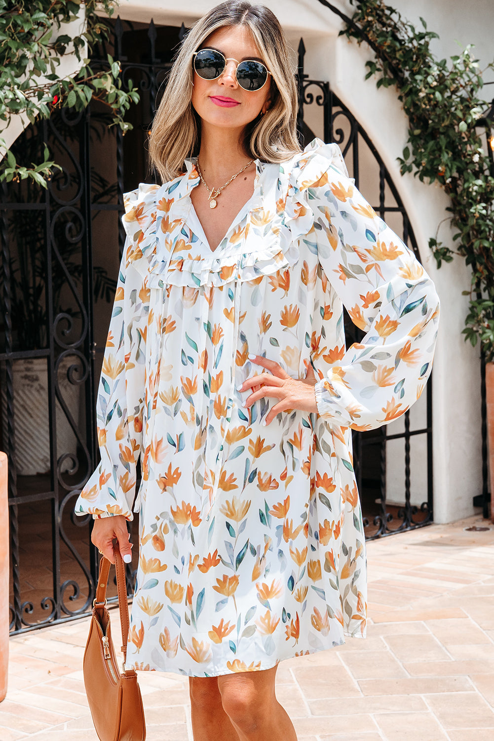 Katherine Floral Tie Neck Frilled Long Sleeve Dress