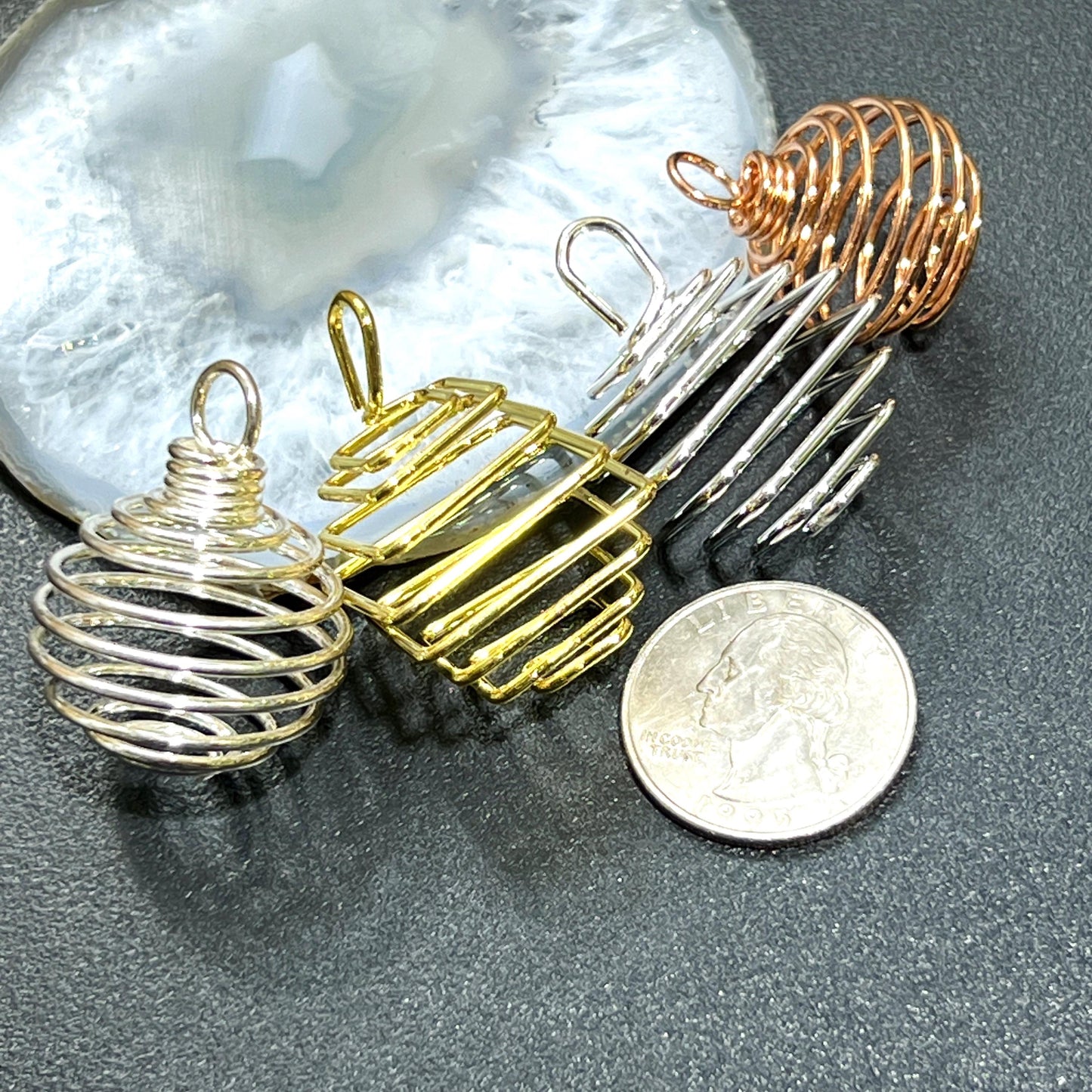 Crystal Gem Holder Spiral Cage Pendants (Silver, Gold, or Copper Plated) Circle Square