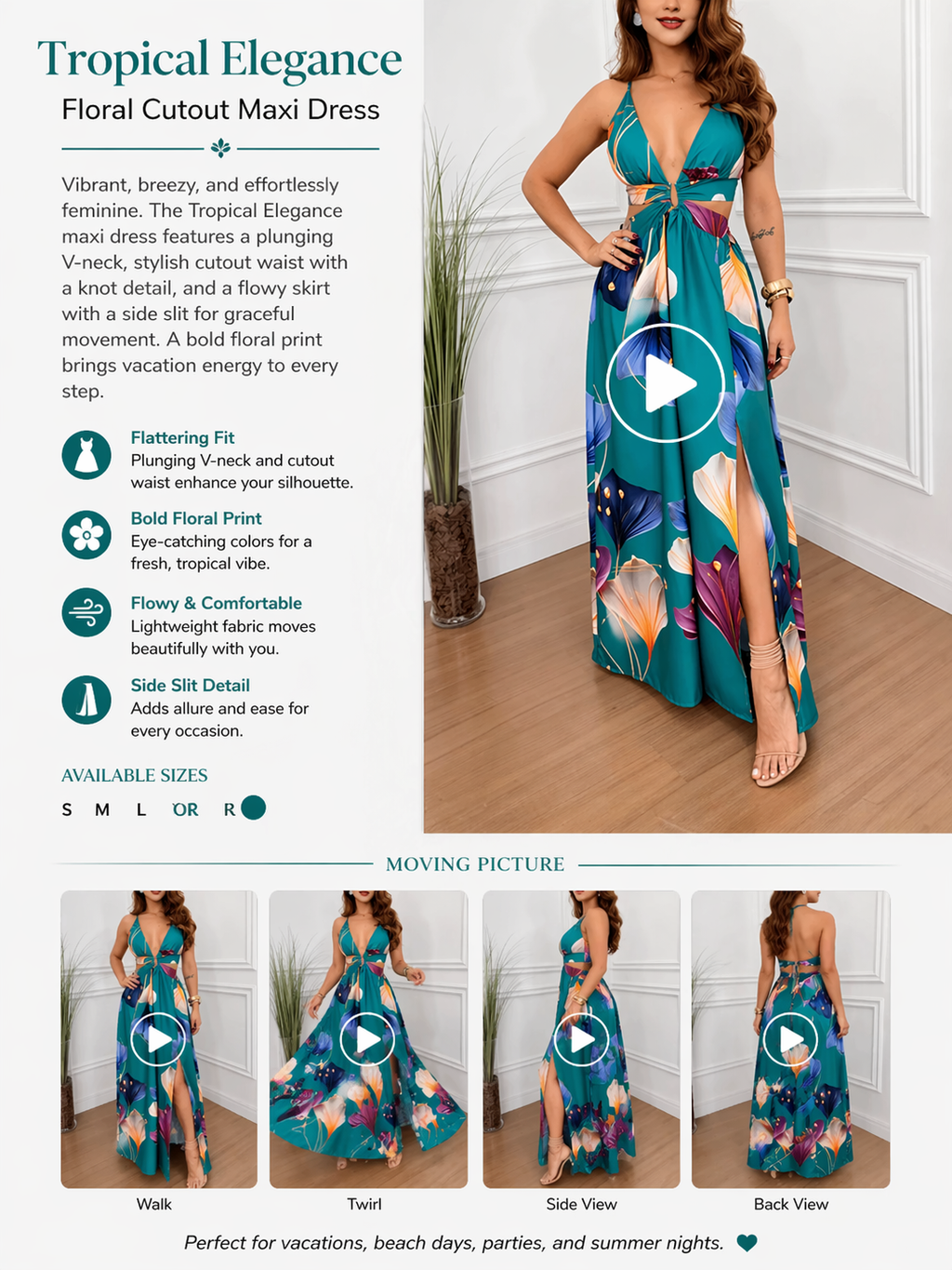 Tropical Print Plunge Cutout Slit Maxi Dress