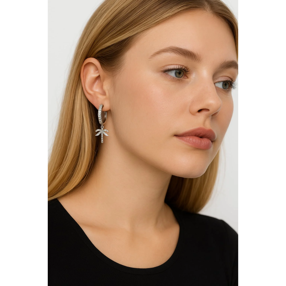 Palm Tree Hoop Earrings – Gold or Silver with Cubic Zirconia