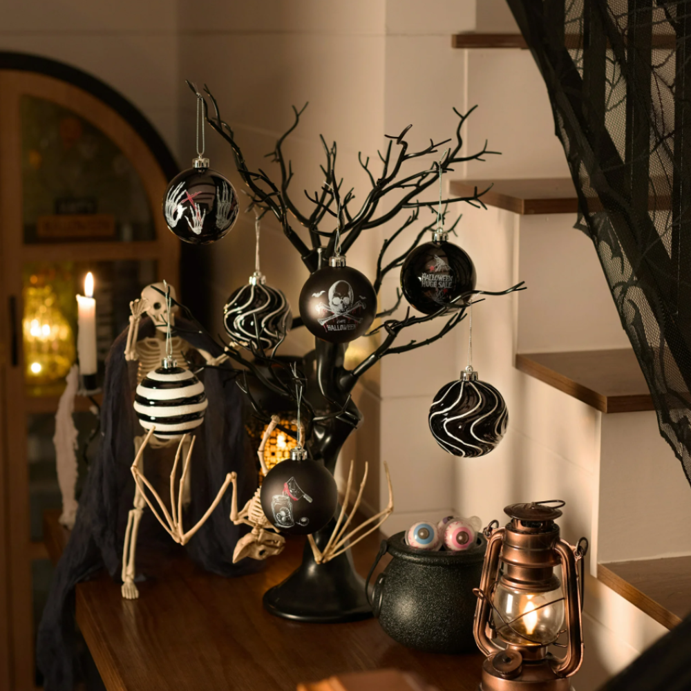 Black Gothic 16-Piece Baubles with Skulls, Skeleton Hands, Horror Prints & Striped Designs