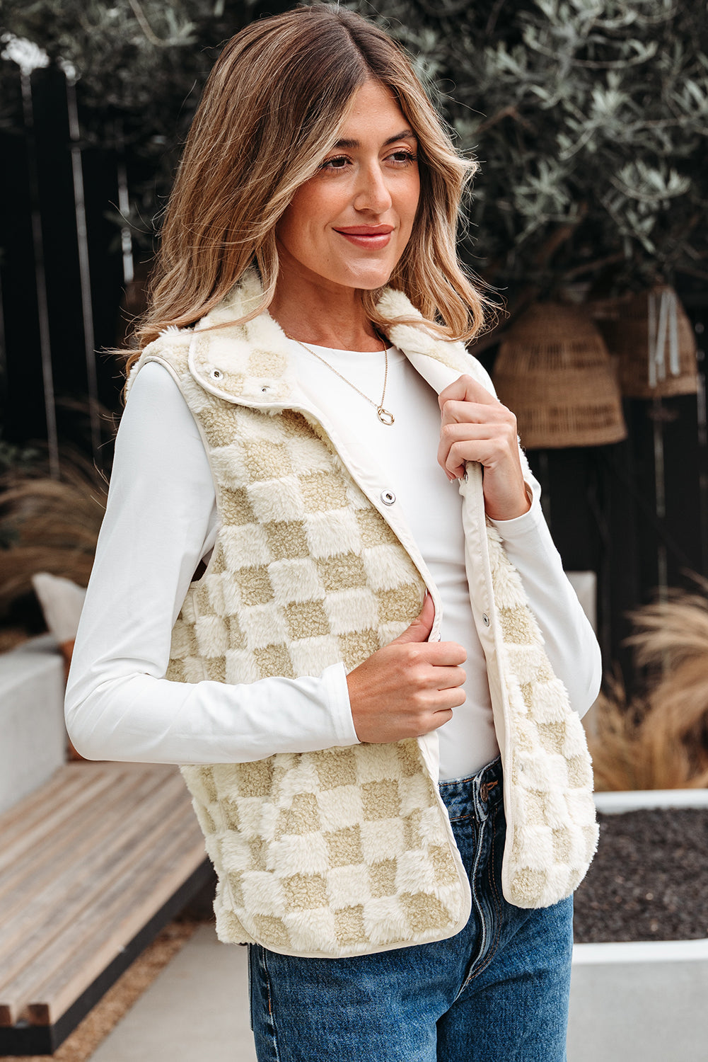 Stevie Sherpa Checkerboard Button Vest With Pocket