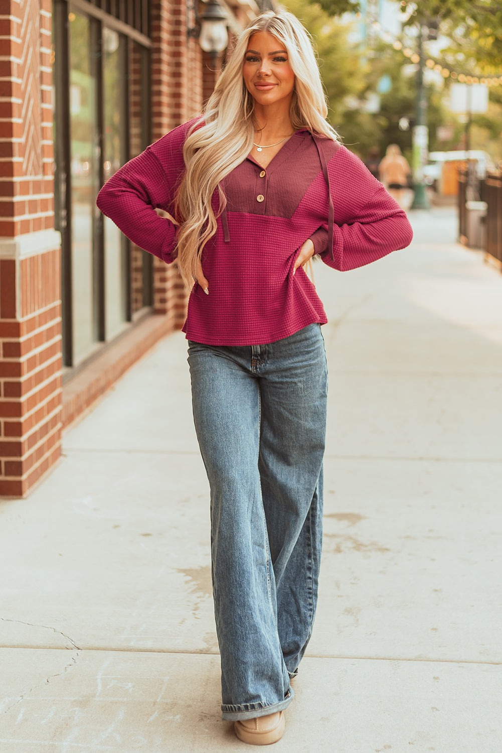 River Waffle Hooded Long Sleeve Top