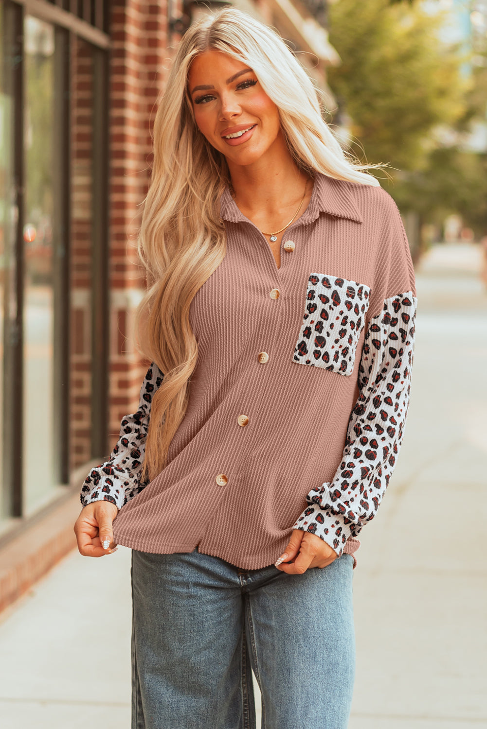 Journee Leopard Ribbed Casual Shacket