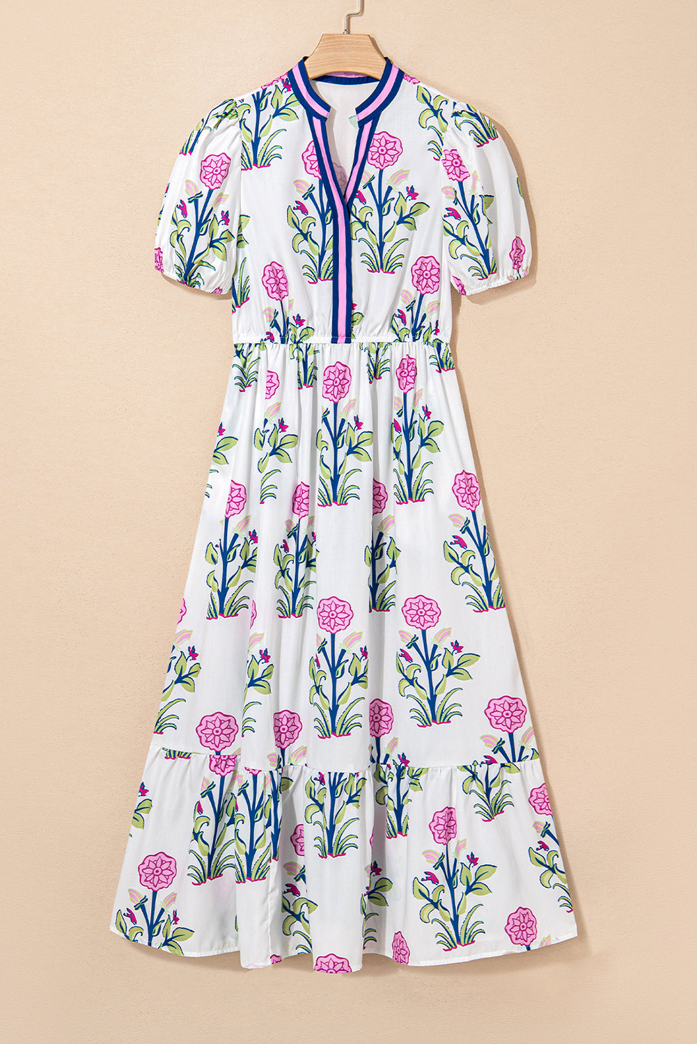 Julietta Floral Puff Short Sleeve V Neck High Waist Maxi Dress
