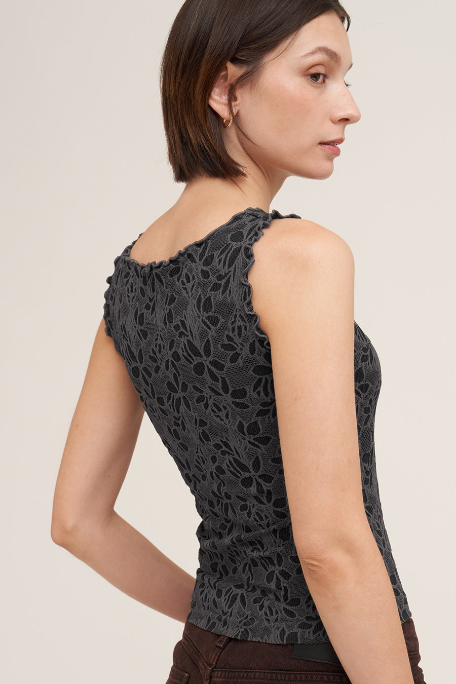 Floral Lettuce Edge Top | Gunmetal Soft Stretch Tank | Niki Biki