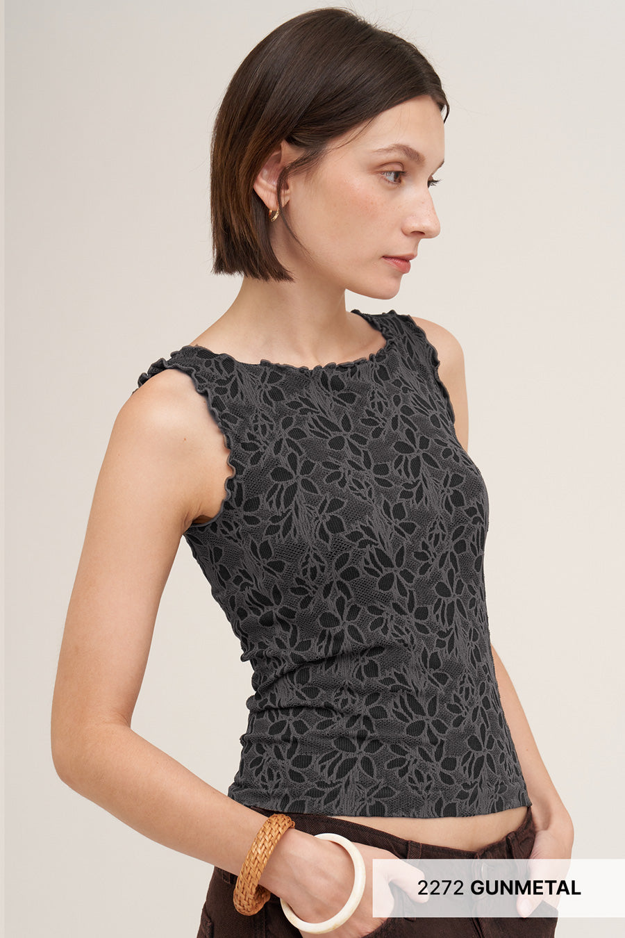 Floral Lettuce Edge Top | Gunmetal Soft Stretch Tank | Niki Biki
