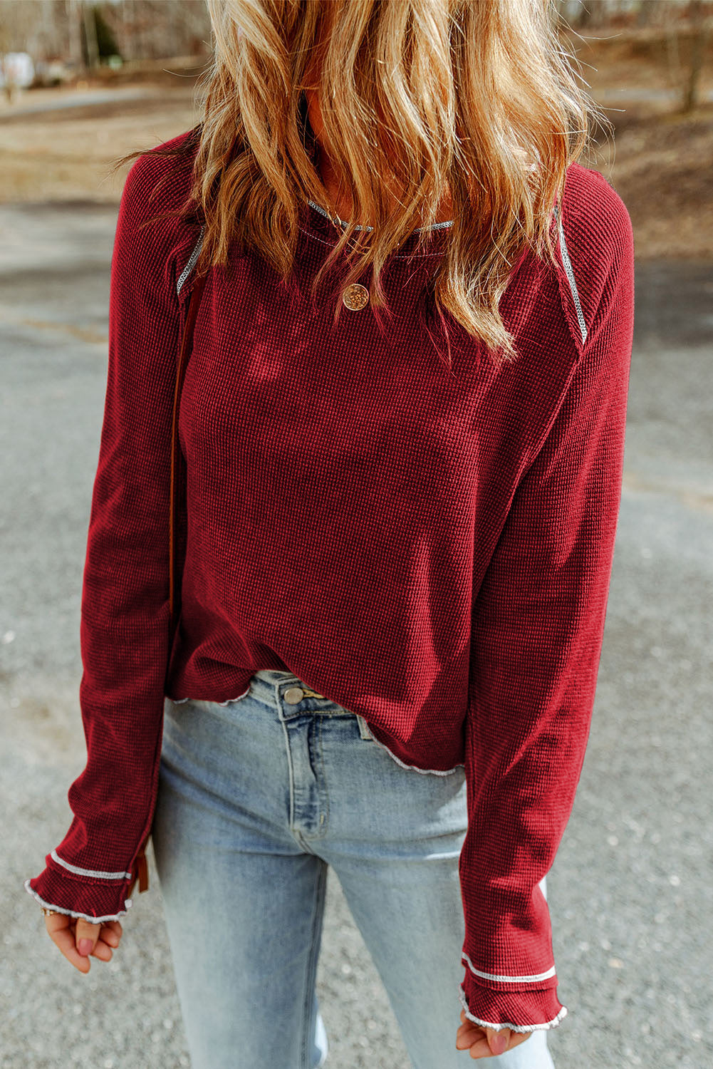 Daisy Textured Round Neck Long Sleeve Top