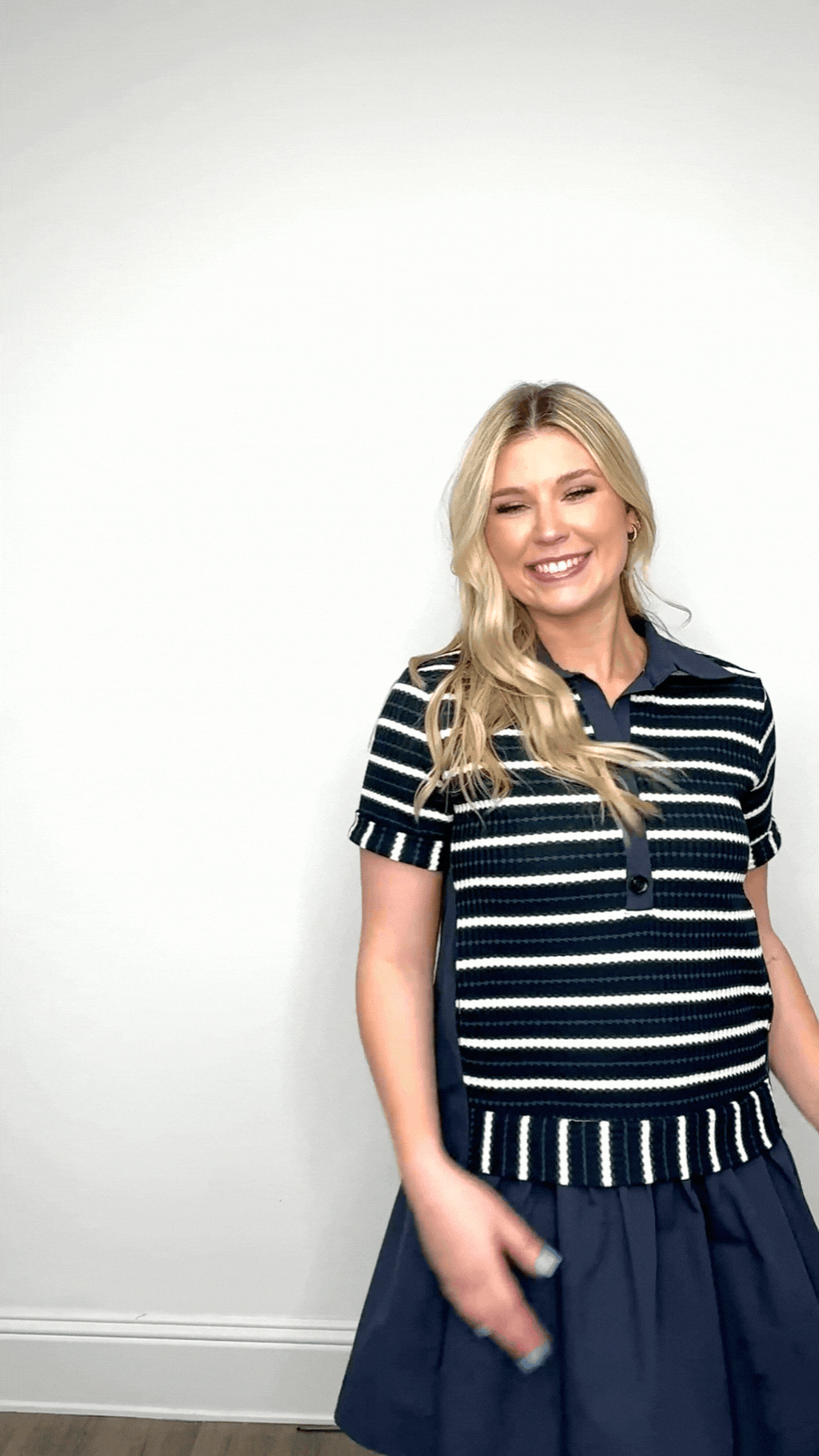 Striped Knit Top with Attached Skirt | Navy Polo Collar Boutique Dress with Pockets