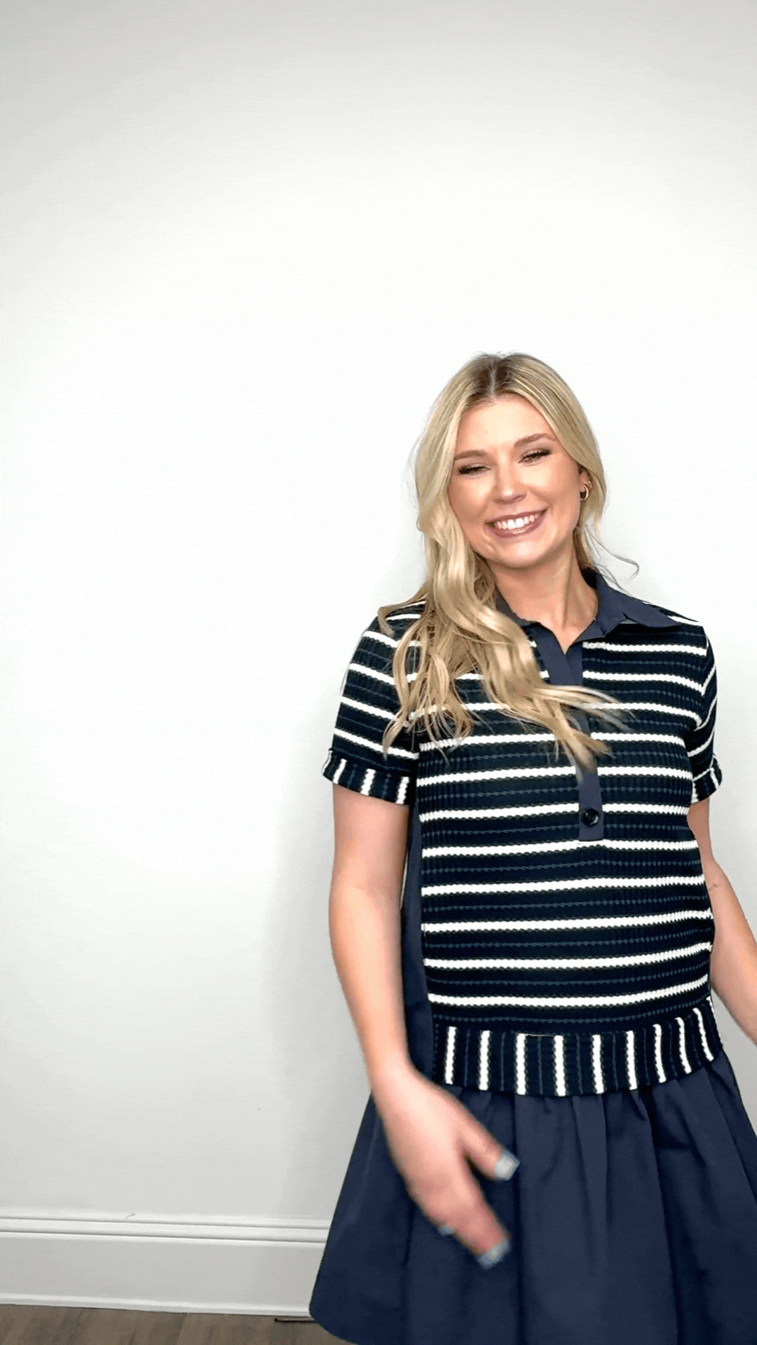 Striped Knit Top with Attached Skirt | Navy Polo Collar Boutique Dress with Pockets