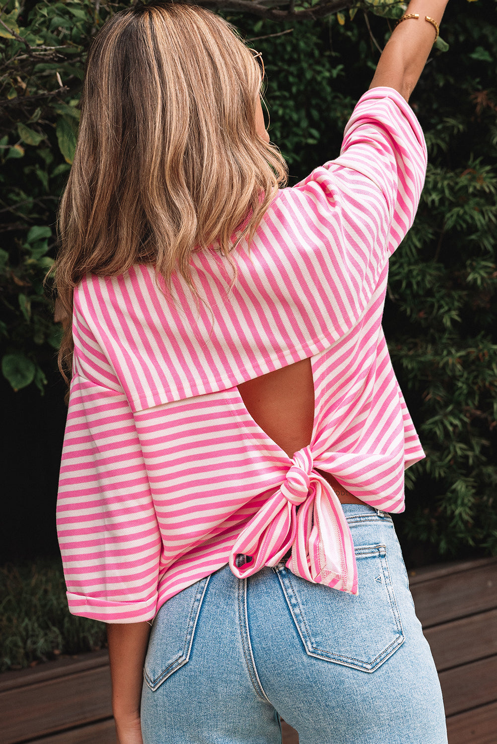 Riley Stripe Bowknot Cutout Back Loose Top