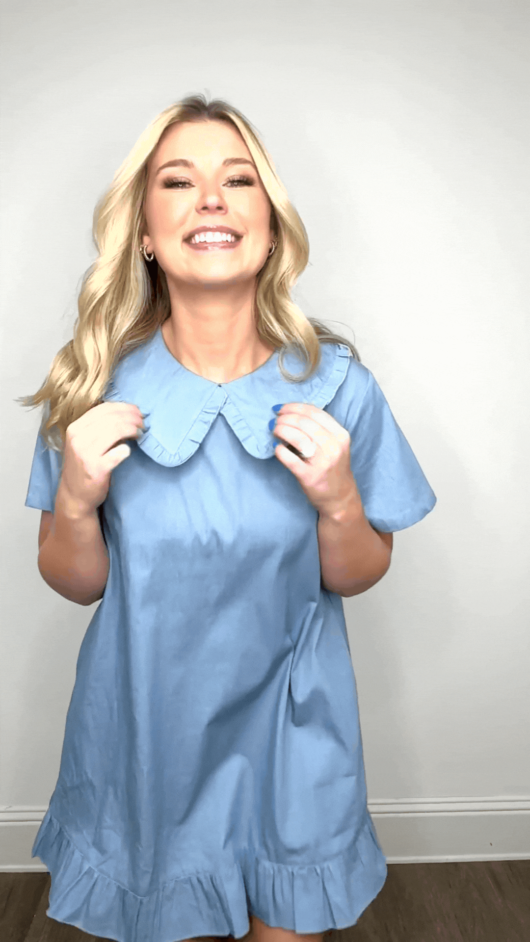 Chambray Dress with Wide Collar | Blue Oversized Collar Ruffle Hem Boutique Dress with Pockets