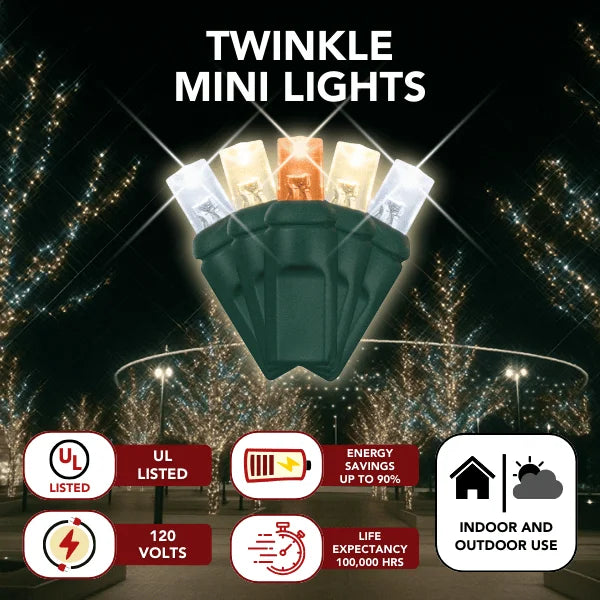 LED Mini Lights 5MM Amber/Warm White/Cool White Green Wire - 6" Spacing