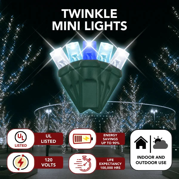 LED Mini Lights 5MM Aqua Blue and Cool White Twinkle  Green Wire- 6" Spacing