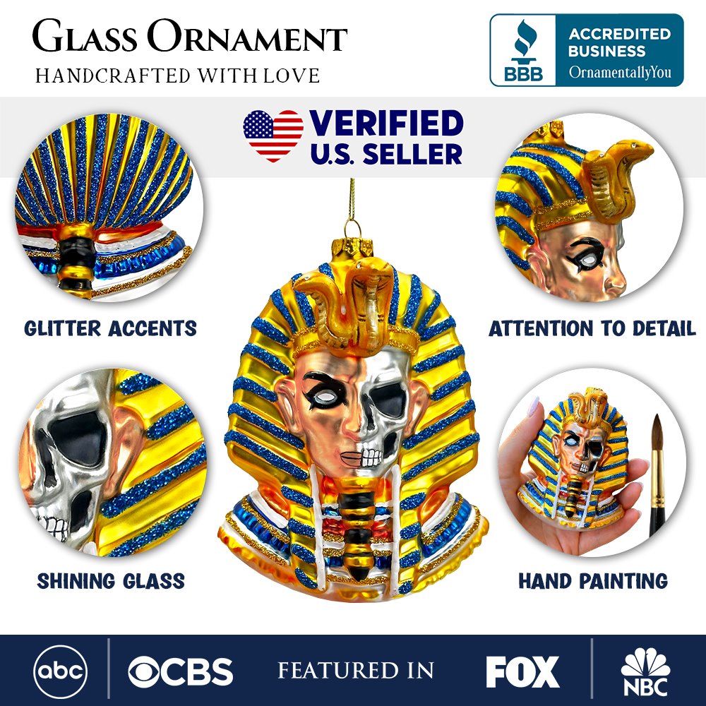 Evil Egyptian Pharoah Half Skull Head Glass Ornament, Gothic Halloween Tree Decor