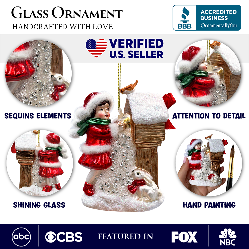 Quaint Little Winter Girl Feeding the Birds Glass Christmas Ornament, Cardinal Birdhouse Tree Decor