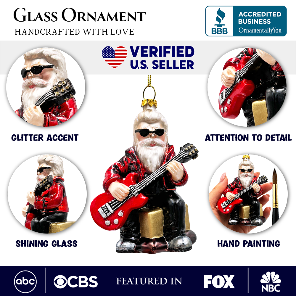 Rock Guitarist Santa Claus Glass Christmas Ornament, Rocker Musician Gift