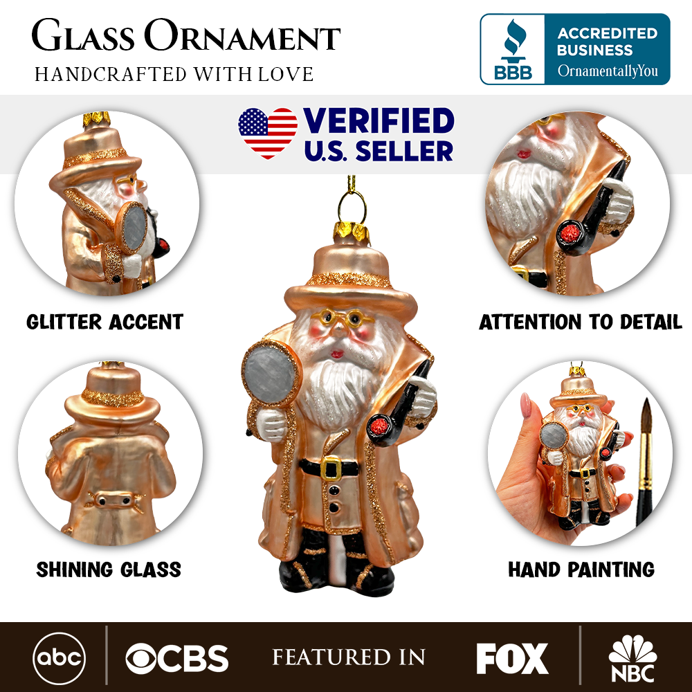 Santa the Detective Glass Christmas Ornament, Criminal Police Investigator Gift