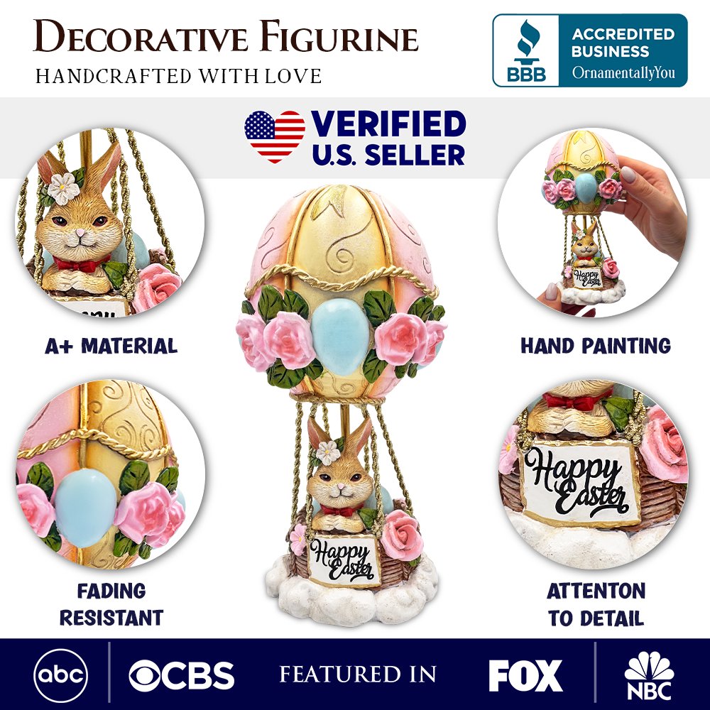 Springtime Voyage Easter Bunny Hot Air Balloon Figurine, 7" Charming Holiday Decor