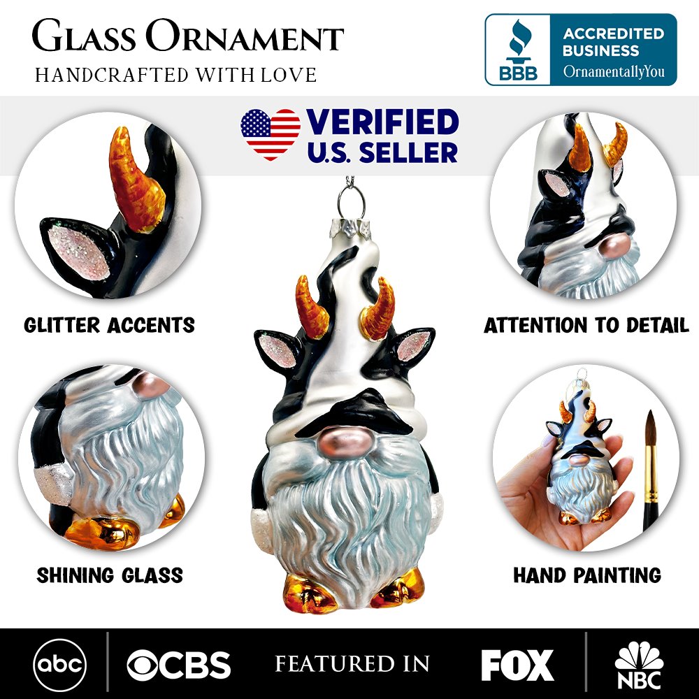 Whimsical Gnome Cow Handblown Glass Christmas Ornament, Cute Holiday Decor