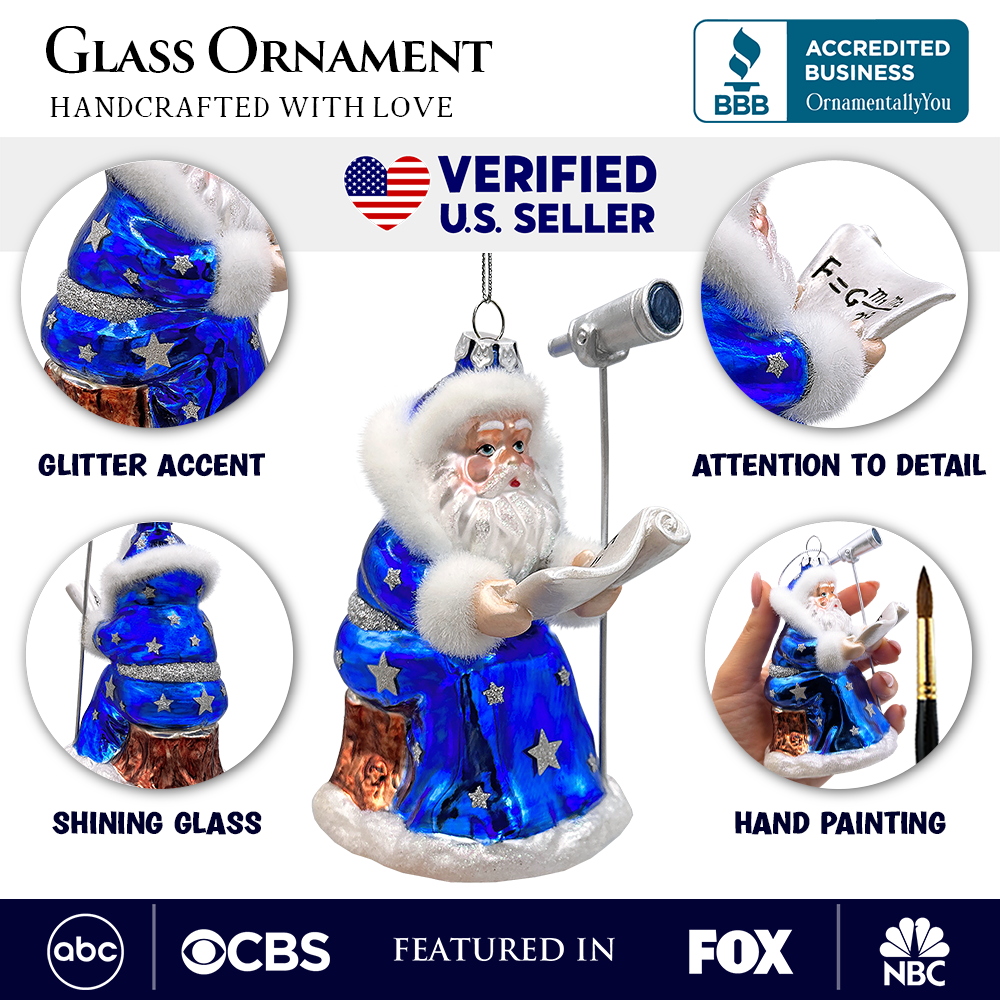 Santa the Astronomer Glass Christmas Ornament, Science and Astronomy Themed Holiday Gift
