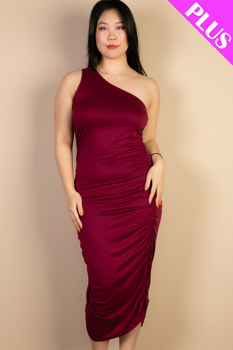 Plus Size Sexy Solid Color Ruched One Shoulder Midi Bodycon Dress