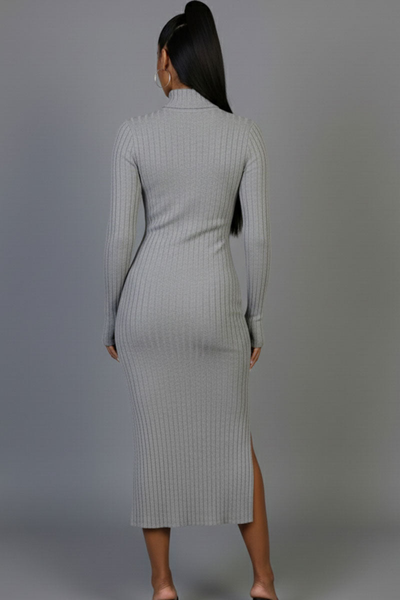 Sweater-Knit Fuzzy Turtle Neck Split Thigh Dress