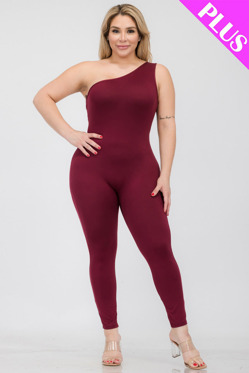 Plus Size Solid Color One Shoulder Jumpsuit