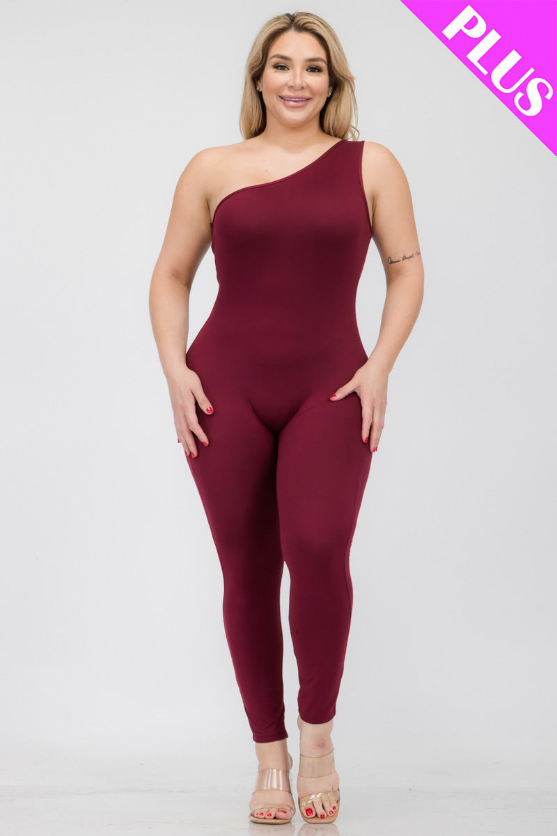Plus Size Solid Color One Shoulder Jumpsuit