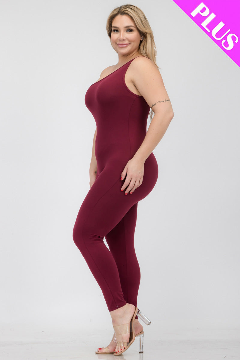 Plus Size Solid Color One Shoulder Jumpsuit