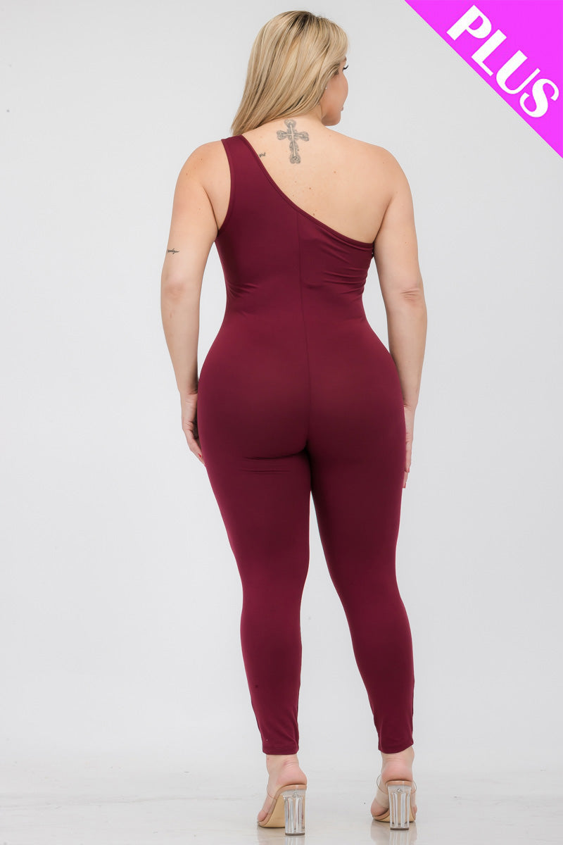 Plus Size Solid Color One Shoulder Jumpsuit