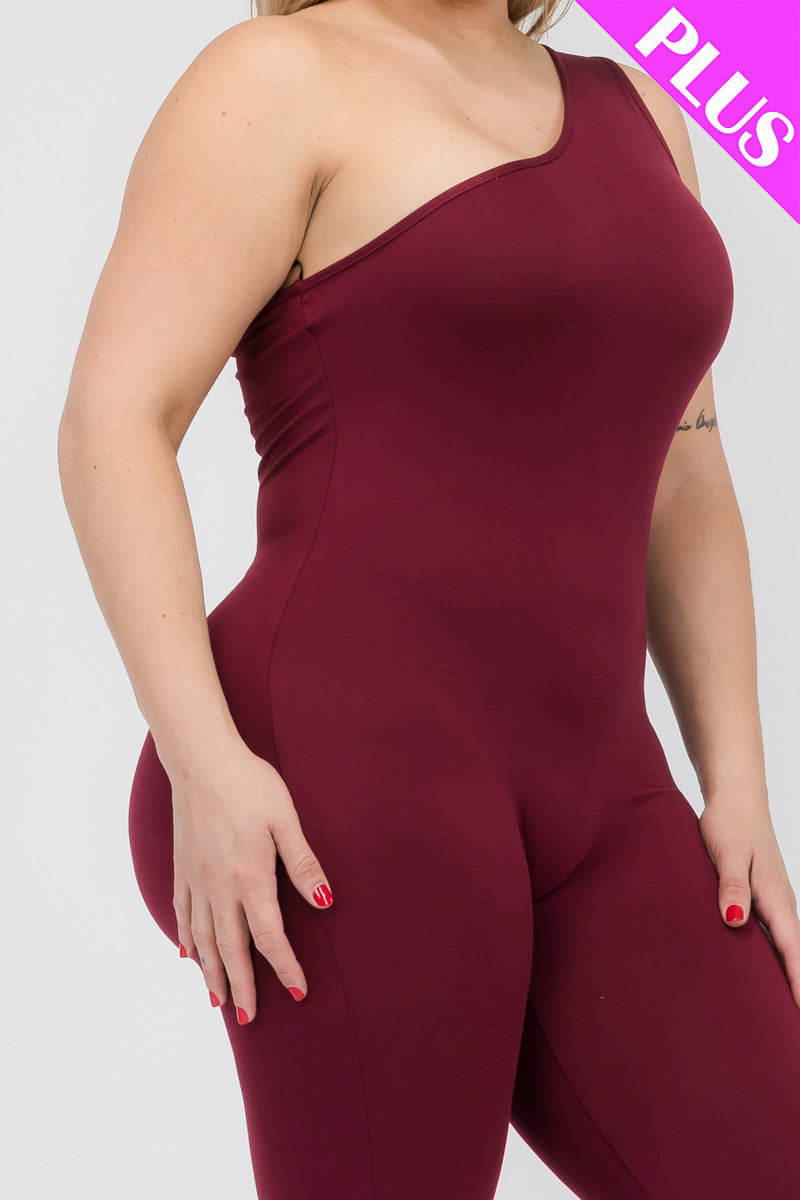 Plus Size Solid Color One Shoulder Jumpsuit