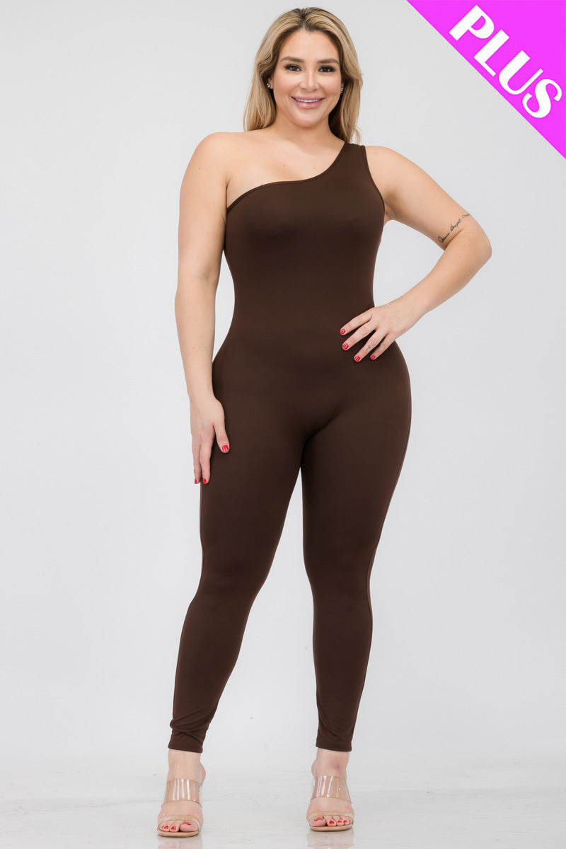 Plus Size Solid Color One Shoulder Jumpsuit