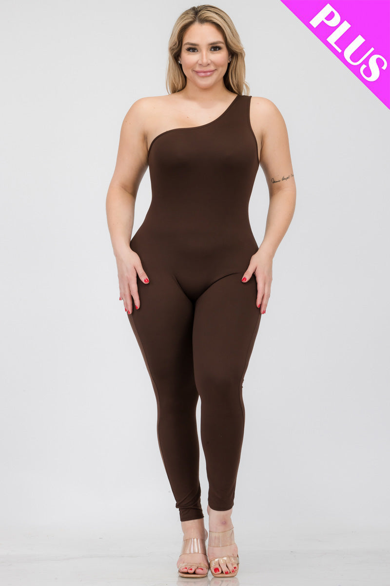 Plus Size Solid Color One Shoulder Jumpsuit
